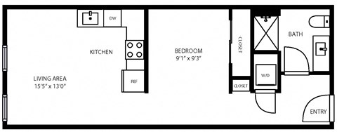 2D Illustration of 1 Bedroom Layout
